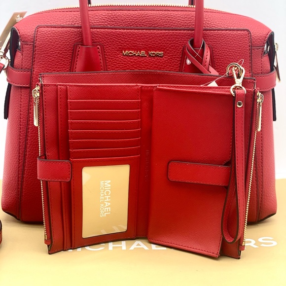 Michael Kors Mercer Medium Belted Satchel Crossbody And Wallet Set Bright Red - Picture 6 of 15